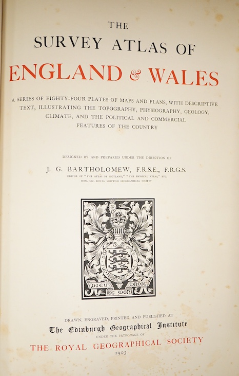 Bartholomew, J.G. - The Survey Atlas of England & Wales ... 84 coloured plates of maps & plans (many d-page); rebound mid 20th century red half morocco and cloth, gilt amorial upper cover, gilt ruled panelled spine, gilt